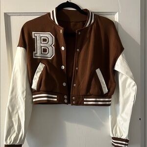 Forever 21 Brown and White Cropped Varsity Jacket